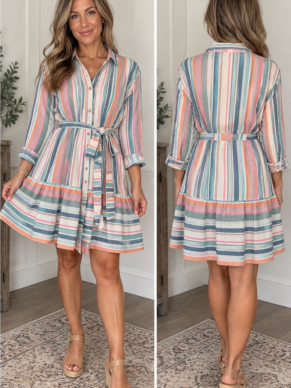 entro Pastel Multi-Stripe Button-Front Tie-Waist Mini Dress